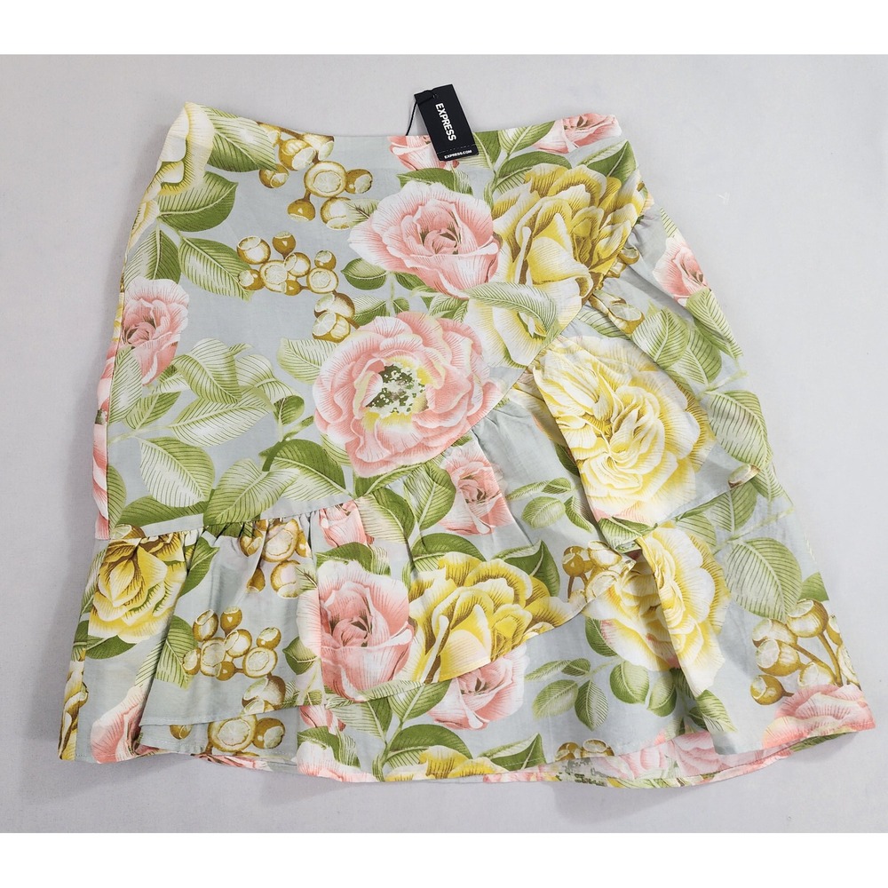 Express skirt womens sz 0 floral green pink zip lyocell nylon $68 ladies